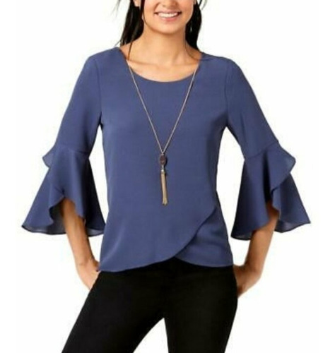 Hermosa Blusa Azul Manga 3/4 Campana Talla Mediana