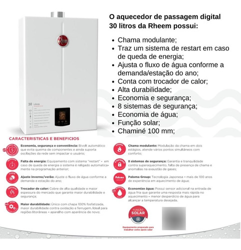 Aquecedor 30 Litros Digital Ef Bivolt Glp Rheem Branco Glp