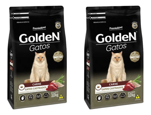 Ração Golden Gatos Adultos Castrados Carne 3kg Kit 2 Unid.