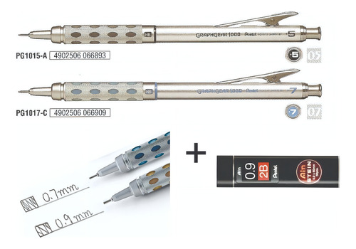 2 Lapiseiras Pentel 0.5 E 0.7 Graphgear 1000 + Grafite Stain