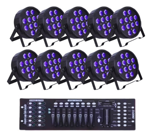 Kit 10 Canhao Refletor 12 Leds 18w Rgbw Uv + Mesa Dmx