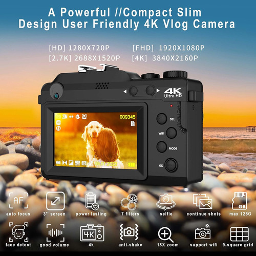 Cámara Digital 4k Con 2 Cámaras, 7 Filtros Y Zoom 18x