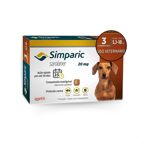  Zoetis Simparic Antiparasitários para cão de 5kg a 10kg 3 comprimidos cor marrom