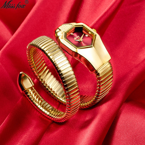 Relojes De Pulsera Missfox De Lujo Con Forma De Serpiente Y Color del fondo Oro/Rojo