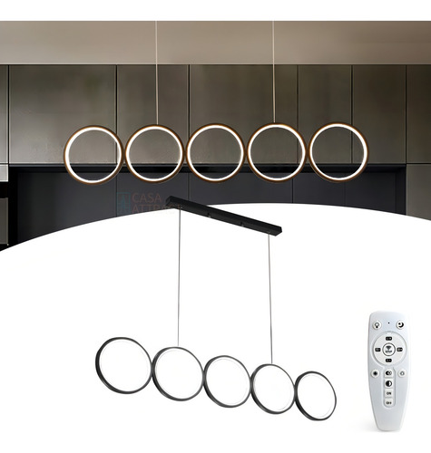 Lustre Moderno Led Luminária C/ Dimmer 100cm Preto Círculos 110V/220V