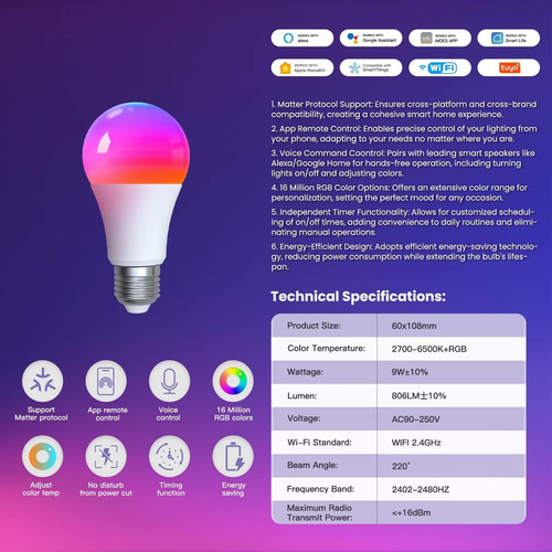 Bombilla Foco Inteligente Rgb Homekit Matter Alexa Google 9w Rgb