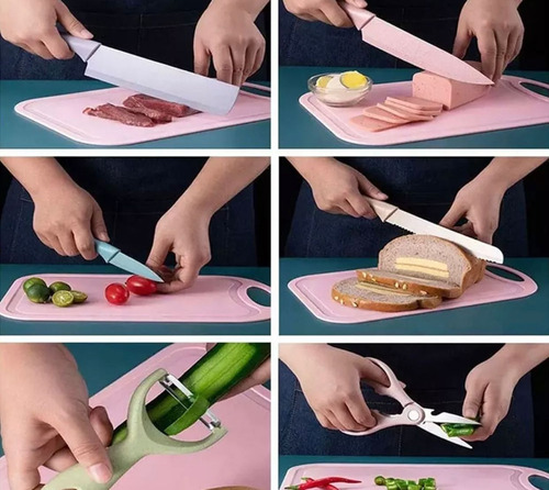 Evcrierh Kitchen Knife Utensílios De Cozinha Com Facas Coloridas E Tábua 7 Peças Cor Mesclado