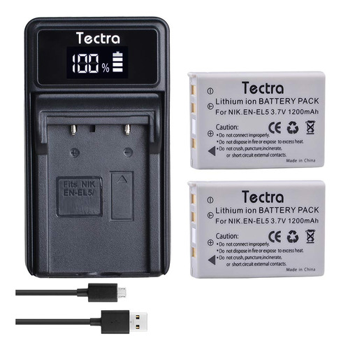 Tectra 2 Baterías Recargables En-el5 Y Cargador Usb Led Pa.