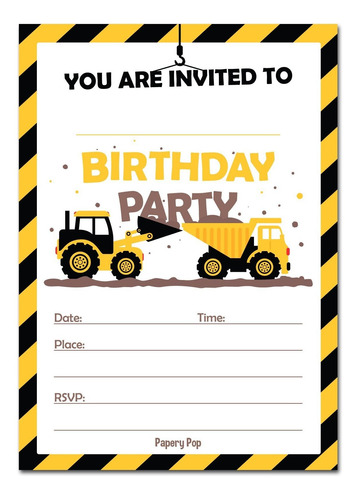 Construcción Camiones Invitaciones De Cumpleaños Con Sobres 