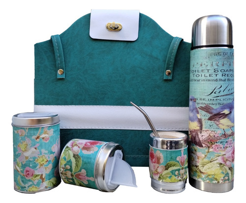 Set Matero Kit Cartera Pajaros Flores Termo 1 L Mate Madera