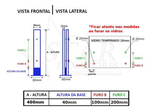 6 Coluna Torre Branca Blindex Inox 40 Cm 2 Furos