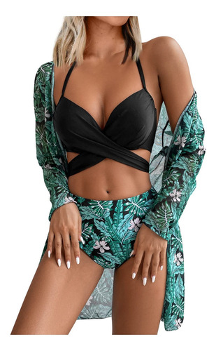 3 Piezas Conjunto De Playa Floral Bikini + Kimono Mujer