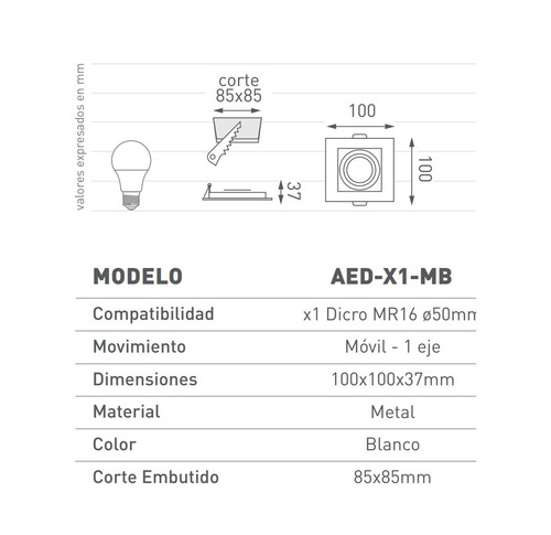 Aplique Embutir Blanco P/ 1 Luz Dicroica Macroled Aed-x1-mb