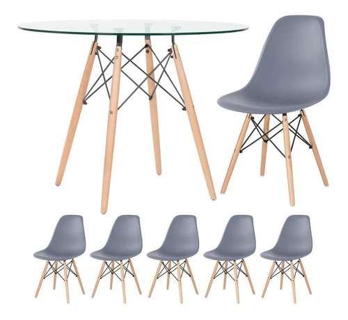 Mesa De Vidro Eames 100 Cm + 5 Cadeiras Eames Eiffel Dsw Cor Cinza-escuro