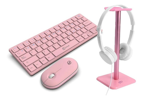 Combo Xinua Rosa Mini Teclado + Mouse + Soporte Auriculares