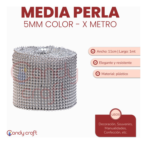 Malla Media Perla 5 Mm Color Metalizado Por Metro