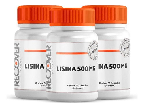 Kit 3x L-lisina 500mg - 30 Cápsulas (30 Doses) Sabor Natural
