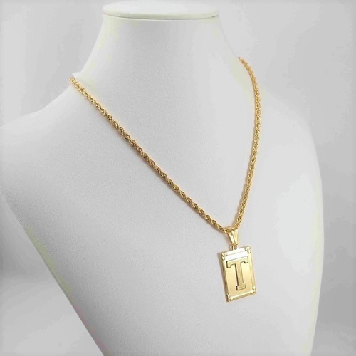 Colar Letra Com Pingente Placa Cordão Baiano Folheado A Ouro Cor T