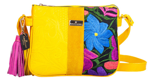 Bolsa De Piel Con Detalles Grabados Y Telar Artesanal Color Mostaza Diseño de la tela Jaqueline grabado telar flores