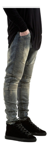. Biker Jeans Moda Hombre Slim Fit Diseño Arrugado