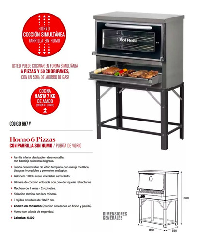 Imagen 2 de 9 de Horno Pizzero Sol Real 6 Moldes Visor Con Parrilla Acero