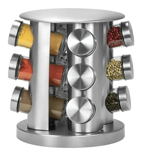 Porta-Tempero Giratório Inox 12 Potes Vidro Aço Inox Mesa