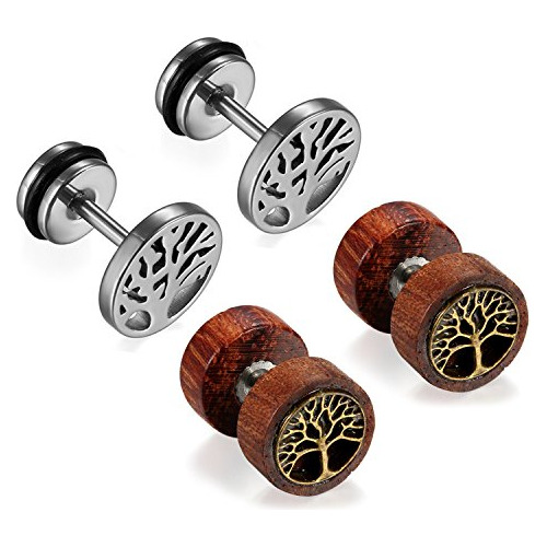 Pendientes Unisex, Pack 2 Pares (acero Inoxidable Y Madera)