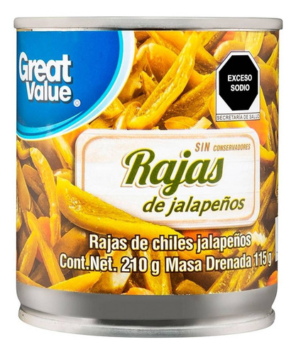 2 Pza Chiles Jalapeños Great Value En Rajas 210 G