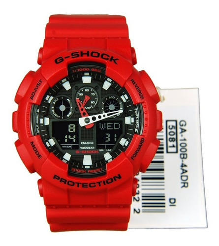 Imagen 5 de 7 de Reloj de pulsera Casio G-Shock GA-100 de cuerpo color rojo, analógico-digital, para hombre, fondo negro, con correa de resina color rojo, agujas color blanco y rojo, dial blanco, subesferas color negro y gris, minutero/segundero blanco, bisel color rojo y negro y hebilla doble