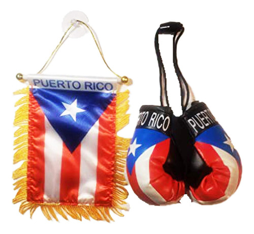 Mini Bandera De Puerto Rico Y Mini Guantes De Boxeo, Es...