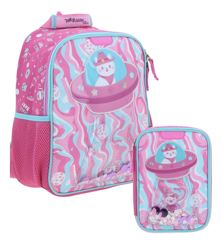 Kit 3 Piezas Mochila Chenson Kinder Gato Space Hg70160-p Rosa Chicle Gato Space2