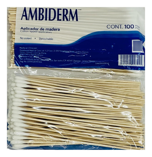 Aplicador O Hisopo De Madera Punta De Algodón Ambiderm 1,000