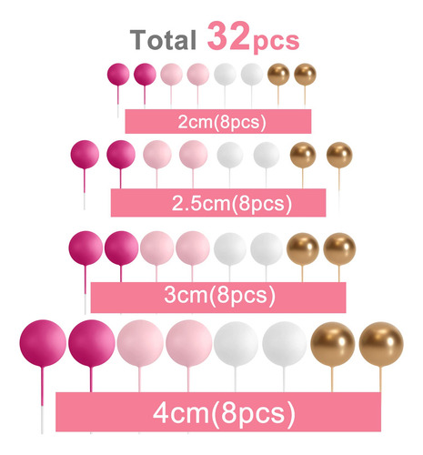 Cake Toppers De Globos Fuccia Rosa Blanco Y Dorado 32pz Rosa, Dorado Y Blanco Liso
