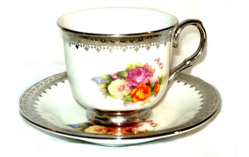 Taza De Café En Porcelana Fina Flores Y Bordes Plata, Estánd