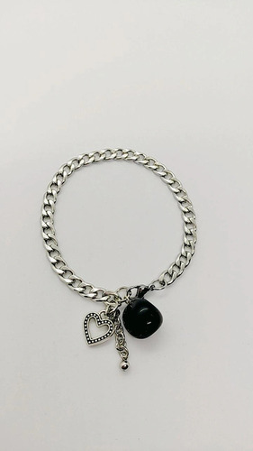 Pulsera Dije Obsidiana Negra Y Cadena De Acero Quirúrgico 