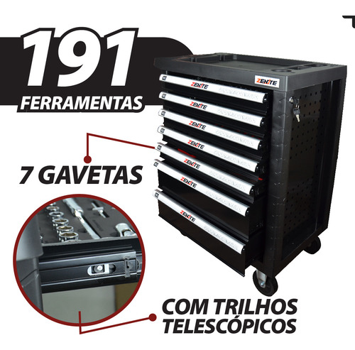 Carrinho De Ferramentas 7 Gavetas 191 Ferramentas Completo Cor Preto