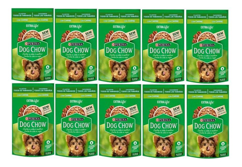 Kit Com 10 Dog Chow Sachê Cão Filhote Carne 100g