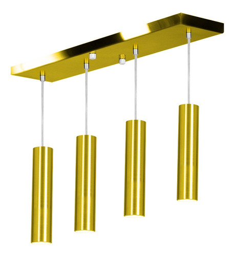 Pendente Quadruplo Tubo Cilindro Dourado 30cm + Led 6k