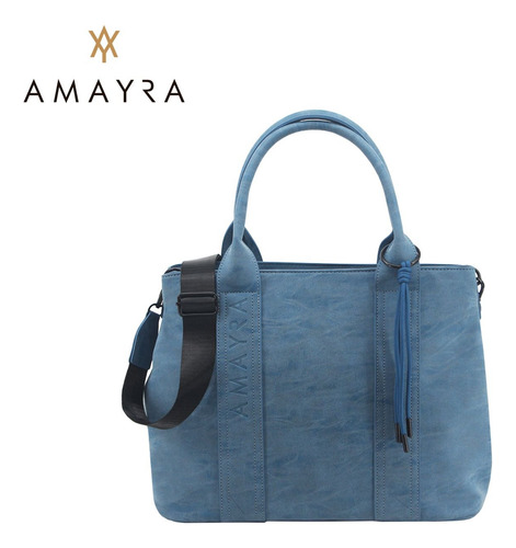 Cartera Bolso Mujer Amayra Tipo Tote Bag Cordones Con Nudo Celeste Modelo 1 Liso Níquel Negro