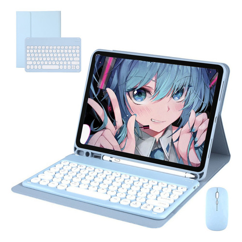 Capas Para iPad 6/5/air1/air2 Com Redondo Teclado E Mouse Cor Sky Cloud Azul + Sky Cloud Azul Teclado + Teclado Circular + Mouse
