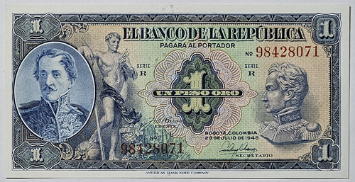 Billete 1 Peso 20/jul/1946 8 Digitos Colombia Unc