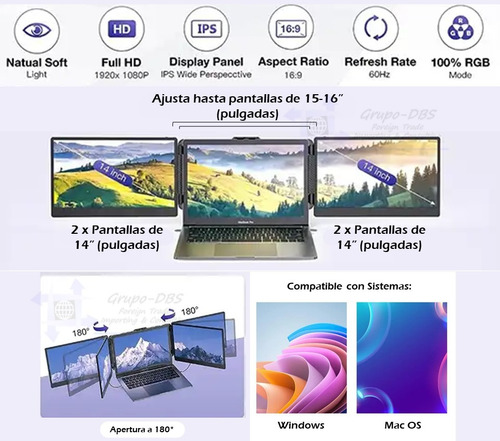 Doble Pantalla 14'' Monitor Portatil Para Laptop Fhd 1080p