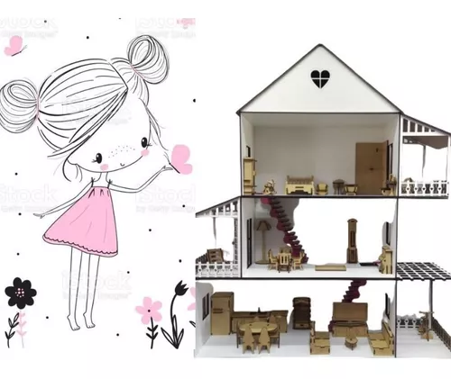 🏷️【Tudo Sobre】→ Casa Casinha para Boneca Barbie com 24 Mini Móveis em Mdf  Cru Csb1