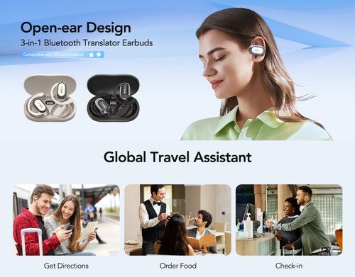 Auriculares Ai de traducción en tiempo real, 3 en 1, sonido HD, 144 idiomas, 8 modos sin conexión y 5 modos para iOS y Android (negros).