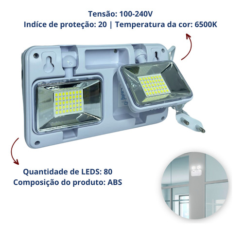 Luminária Bloco Emergência Led 2200 Lumens 2 Faróis Led 10w