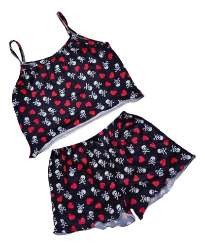 Conjunto Pijama Short Camiseta Estampado Calavera Gotico