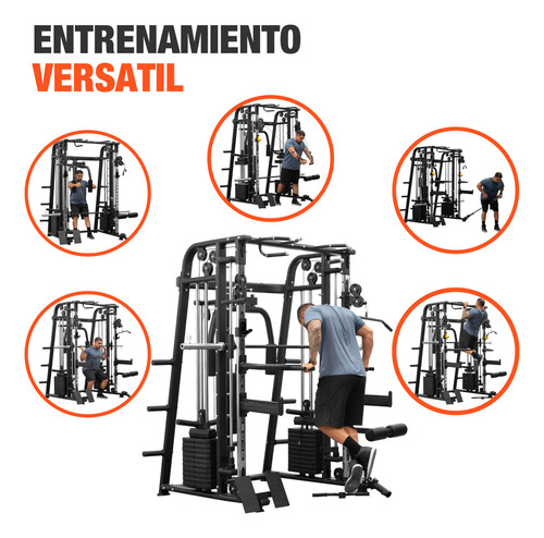 Jaula Smith Gym Altera Lobo Multifuncional Maquina Para Piernas Pecho Brazos Con Aditamentos Y Peso Integrado Color Negro