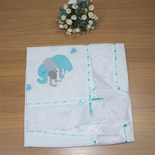 Manta De Bebê Piquet Com Lasie Algodão Menino Menina Bordado Cor Elefante Chevron Tiffany