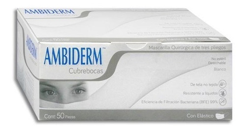 Cubrebocas Ambiderm Plisado Tricapa Blanco Caja 50 Pz.