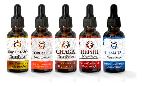 Kit 5 Extratos Liquido De Cogumelos Funcionais 30ml Cada Sem Sabor